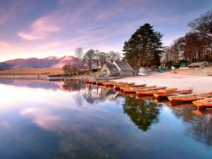 Boats, Houses, lake, Beaches, Mountains