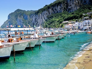 Boats, Coast, Mountains