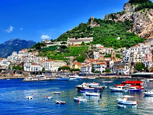 Mountains, Italy, Yachts, boats, motorboat, Salerno