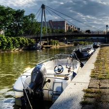 bridge, River, motorboat