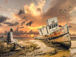 a man, Old car, Bench, sea, birds, Great Sunsets, Ship, wreck, Old car