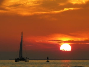 sea, west, sun, Catamaran
