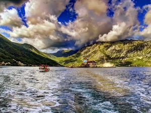 clouds, Church, Mountains, bath-tub, lake