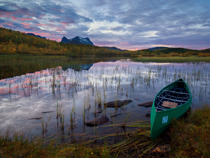 Mountains, clouds, Kayak, grass, lake