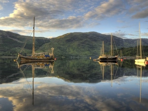 lake, Mountains, clouds, sailboats