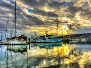 Sky, clouds, motorboat, Yachts, Harbour