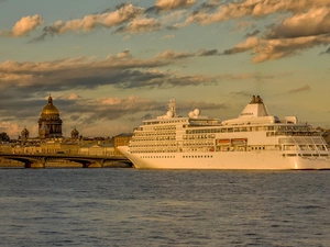 passenger, clouds, River, Ship, bridge