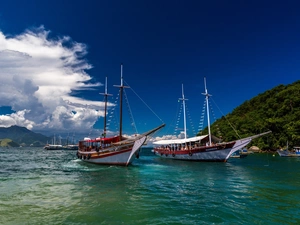 sailboats, Mountains, clouds, sea