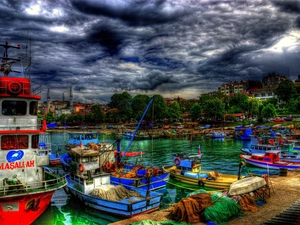 clouds, Turkey, motorboat, Cutters, port