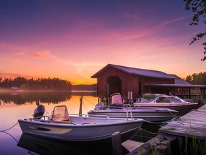 Viken Lake, Harbour, Great Sunsets, motorboat, cote, Houtskari Island, Finland, Platform