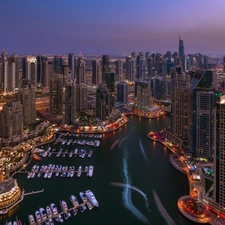 Dubaj, night, clouds, Boats, skyscrapers