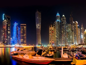 skyscrapers, boats, twilight, Dubaj, clouds, Yachts