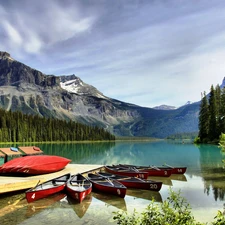 lake, Kayaks, esmerald, Canada, Mountains, Platform