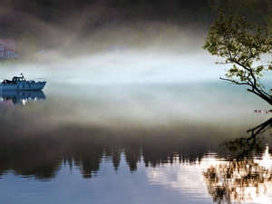 Boat, Fog, Motor boat, River