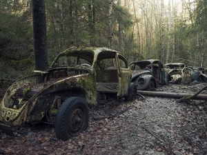 wrecks, forest, Abandoned, cars, old
