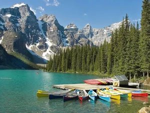 Kayak, forest, lake, Platform, Mountains