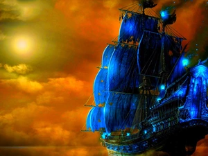 sailing vessel, sun, graphics, west