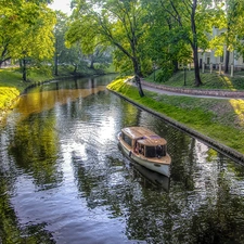 green ones, River, viewes, Motor boat, Park, trees, house