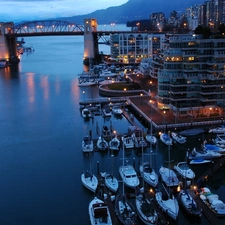 Gulf, Yachts, Town, Night, illuminated