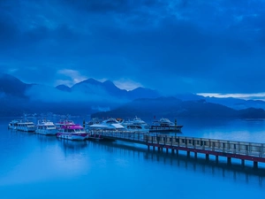 Harbour, Boats, Fog, Platform, Mountains