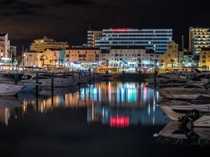 Town, Night, motorboat, Harbour, Houses, light