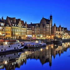 houses, antique, Panorama of Gdansk, crane, nigh, motlawa, River, vessels