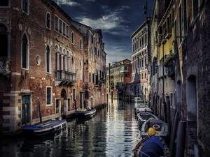 Houses, canal, Venice, Italy, twilight, Boats