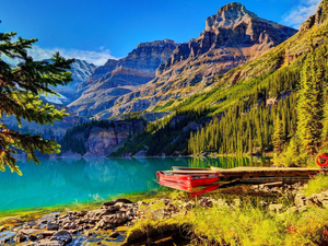 trees, lake, Platform, Kayak, viewes, Mountains