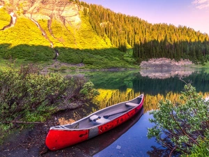viewes, Kayak, River, trees, Mountains