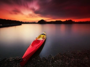 lake, Kayak, sun, forest, west