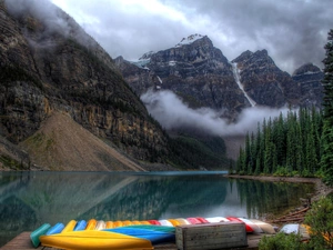 lake, Kayaks, forest, Fog, Mountains