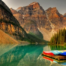 Kayaks, Mountains, forest, River, rocks