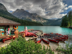 Sky, Kayaks, River, Clouds, Mountains