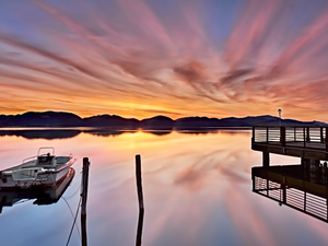The Hills, Great Sunsets, pier, Motor boat, lake
