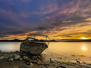 Boat, lake, Great Sunsets, wreck