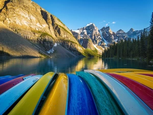 forest, lake, Kayaks, Mountains, color