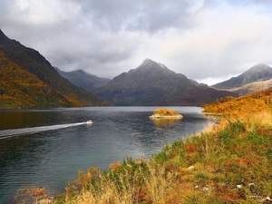 Motor boat, autumn, lake, Islet, Mountains