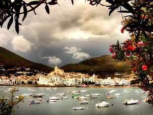 Mountains, Town, motorboat, lake