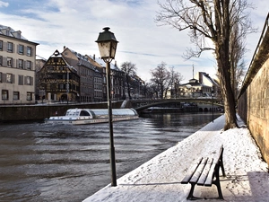 bridge, Ship, trees, winter, Bench, River, Houses, Lighthouse