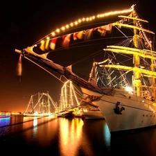 Floodlit, water, Masts, sailing vessel