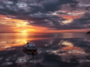 Great Sunsets, lake, Motor boat, clouds