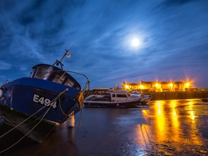 Harbour, moon, bath-tub, sea, Night, light, motorboat