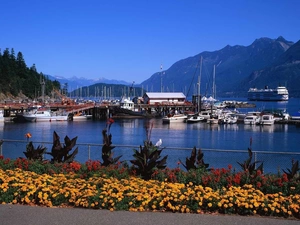 Mountains, Flowers, Ship, motorboat, port