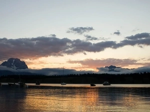 Yachts, woods, lake, Mountains