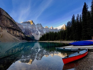viewes, rocky mountains, lake, Alberta, Moraine Lake, Banff National Park, Kayaks, Canada, reflection, trees