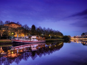 Town, Night, Ship, lanterns, River