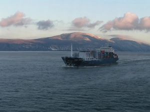 Mountains, Ocean, covered, ice, Container