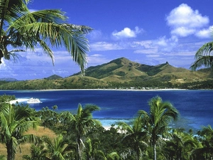 River, Passenger Ships, Palms, Mountains