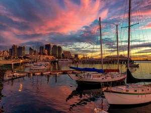 port, Yachts, town, vessels, Boats, panorama, clouds