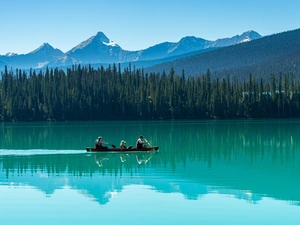 forest, British Columbia, Emerald Lake, viewes, Yoho National Park, Canada, lake, Mountains, trees, Kayak